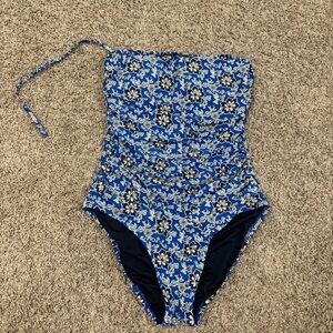 J. Crew Claremont Floral Blue Ruched Bandeau Swimsuit size 4